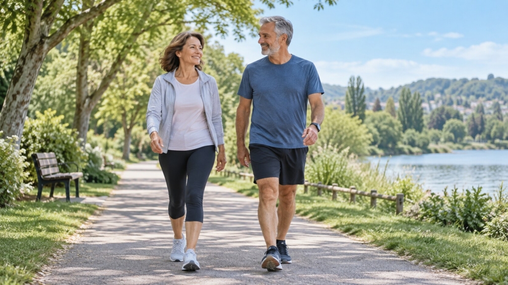 Dos adultos caminando por un sendero de un parque. Imagen ilustrativa generada con IA.