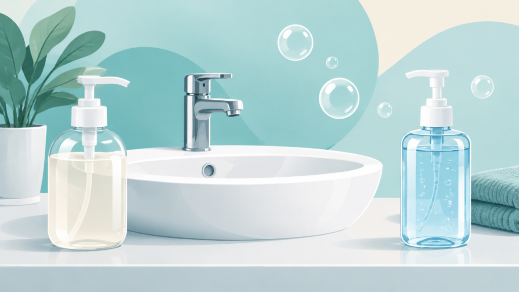 Ilustración generada con IA de un lavabo, jabón y gel hidroalcohólico sin marca.