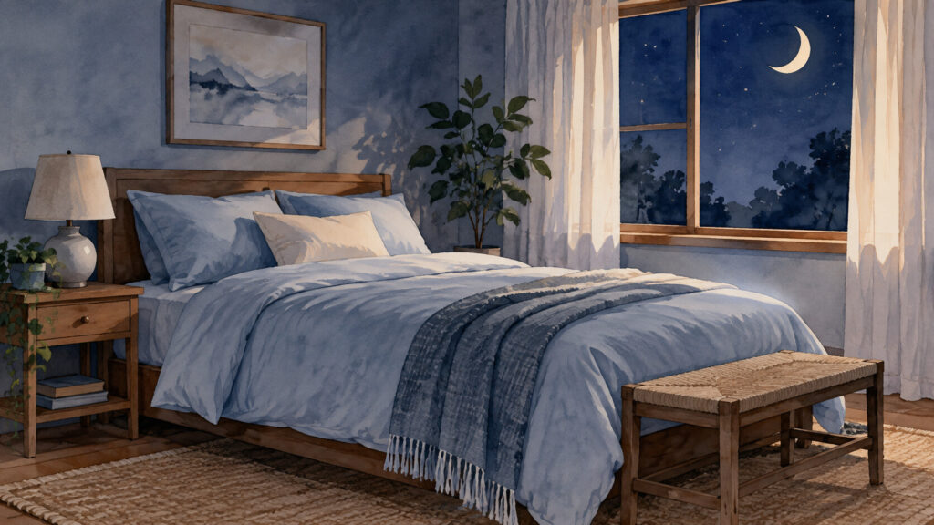 Ilustración en acuarela generada con IA de un dormitorio vacío y una ventana nocturna.