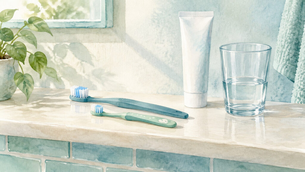 Ilustración en acuarela de dos cepillos de dientes, un dentífrico sin marca y un vaso. Imagen generada con IA.