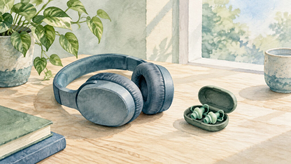 Acuarela de auriculares y un estuche con tapones para protección auditiva. Imagen generada con IA.