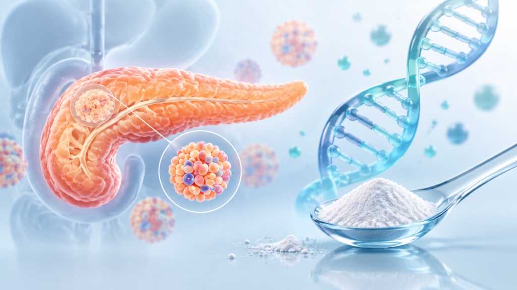 Ilustración conceptual generada con IA: páncreas, ADN y una cuchara, en referencia a la investigación de insulina oral. No representa un tratamiento aprobado.