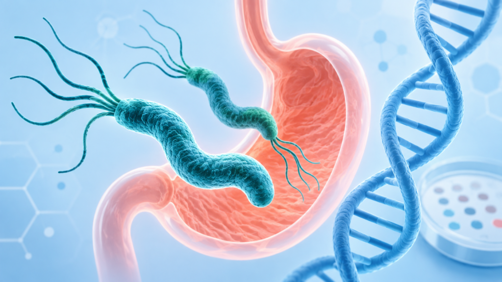 Ilustración conceptual generada con IA: bacterias helicoidales, estómago y ADN, sobre investigación genómica de Helicobacter pylori. No es una micrografía.