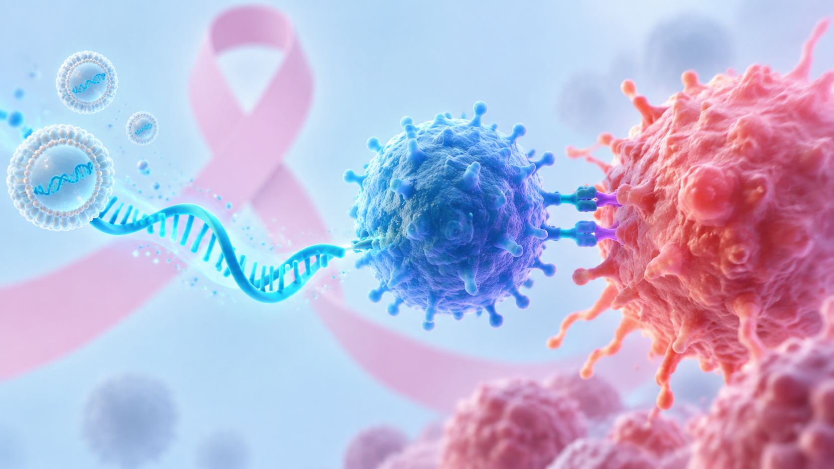 Ilustración conceptual generada con IA sobre vacunas de ARNm, células T y cáncer de mama. No es una micrografía ni representa resultados clínicos.