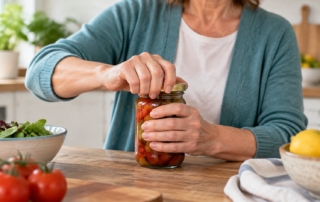 Manos de una mujer abriendo un tarro en una cocina. Imagen ilustrativa generada con IA.