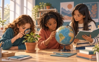 Ilustración de tres niñas explorando una planta y un globo terrestre en un aula luminosa