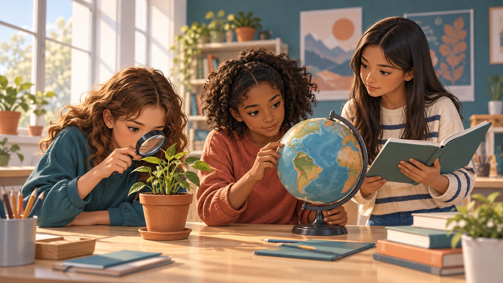 Ilustración de tres niñas explorando una planta y un globo terrestre en un aula luminosa