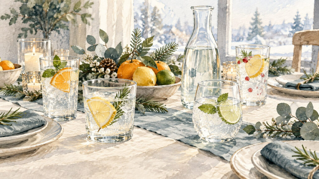 Ilustración generada con IA de vasos de agua con cítricos en una mesa de celebración.