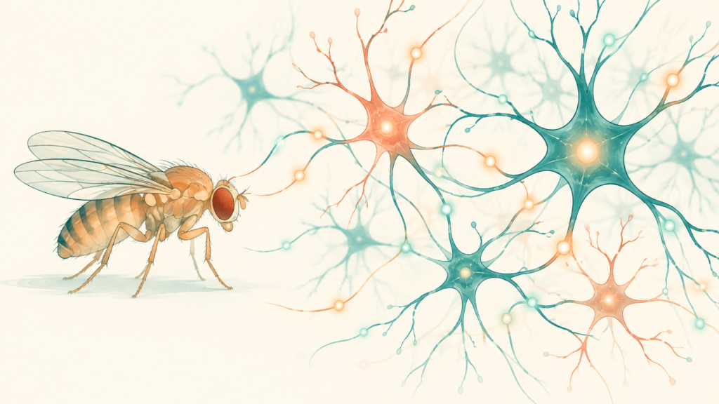 Mosca y red de neuronas. Ilustración conceptual generada con IA; no representa los datos del estudio.