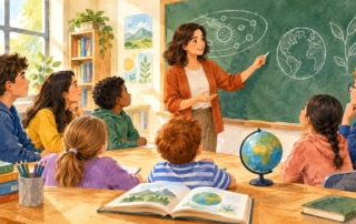 Ilustración generada con IA de una docente en el aula con alumnado.