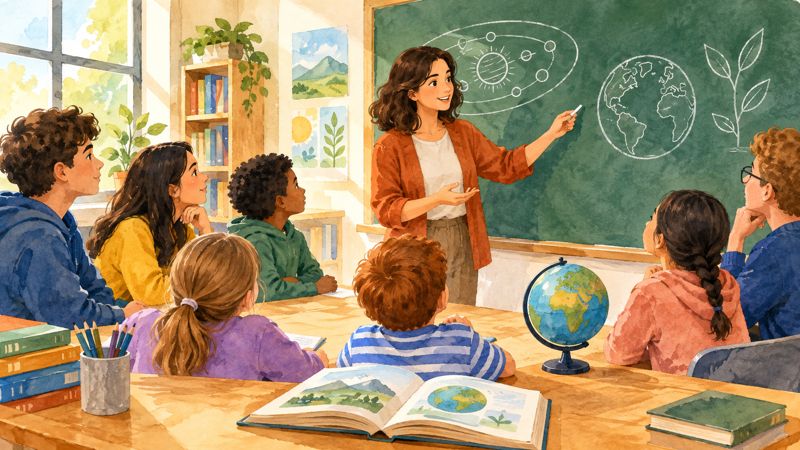 Ilustración generada con IA de una docente en el aula con alumnado.