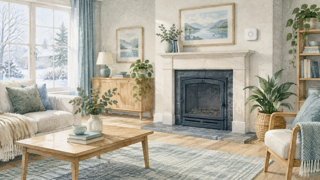 Ilustración generada con IA de un salón con chimenea apagada y detector; no representa una instalación técnica.
