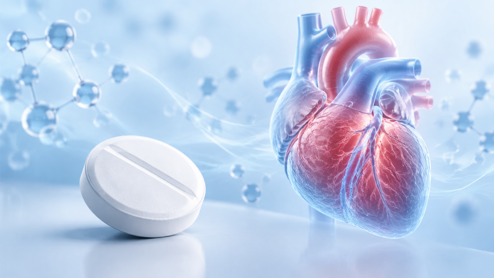 Ilustración conceptual generada con IA: una tableta sin marca junto a un corazón estilizado. No representa el aspecto real del medicamento ni datos del ensayo.