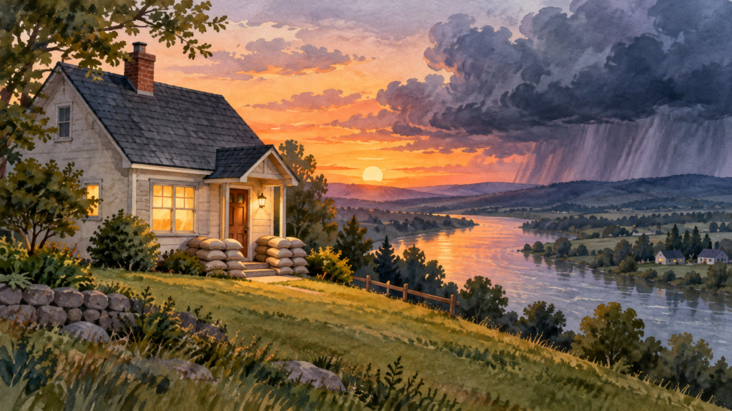 Casa de campo al atardecer, con sacos de arena junto a la puerta y una tormenta al fondo. Ilustración generada con IA.
