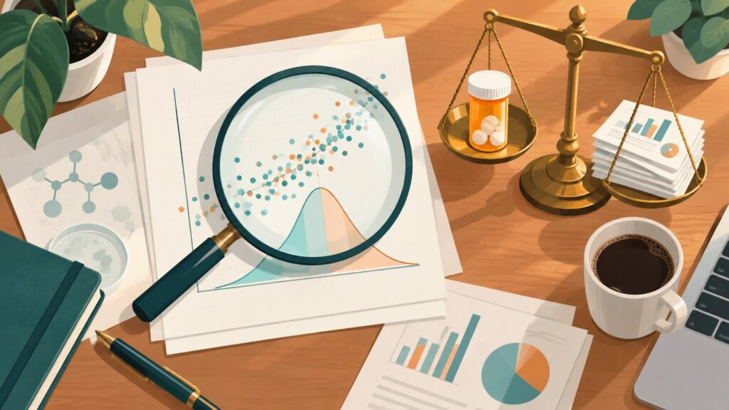 Ilustración: lupa sobre un gráfico de datos junto a una balanza con un frasco de pastillas y hojas de resultados