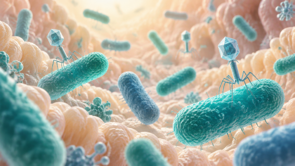 Ilustración conceptual generada con IA de bacterias y bacteriófagos en un entorno intestinal.