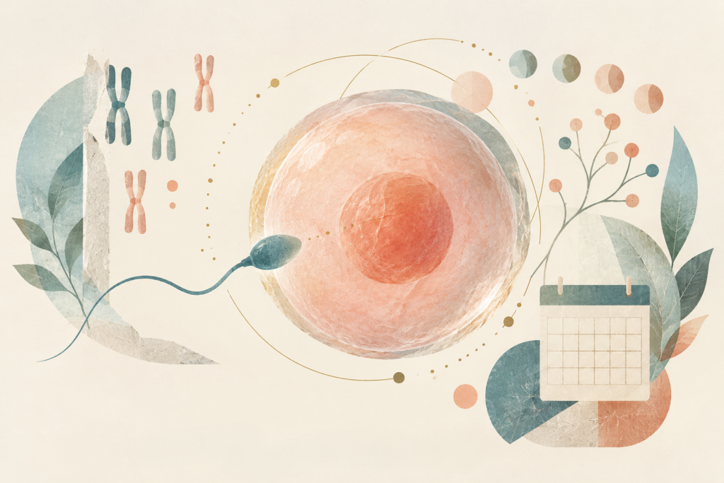 Ilustración conceptual de un óvulo y un espermatozoide rodeados de cromosomas y un calendario. Imagen generada con IA.