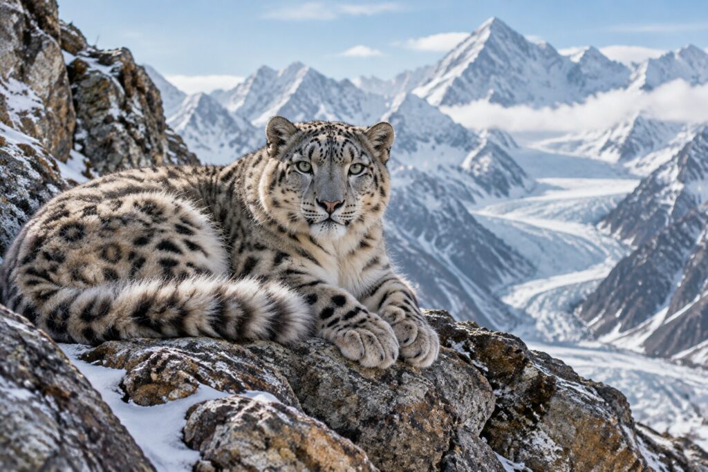 Leopardo de las nieves descansando sobre rocas en alta montaña nevada (imagen generada con IA)
