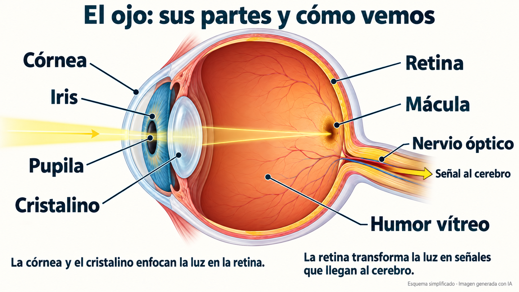Esquema del ojo con nombres grandes: córnea, iris, pupila, cristalino, retina, mácula, nervio óptico y humor vítreo. Imagen generada con IA.