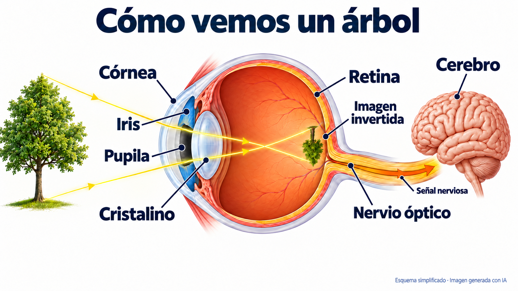 Esquema del ojo humano con córnea, iris, pupila, cristalino, retina y nervio óptico, y el recorrido de la luz hasta el cerebro. Imagen generada con IA.