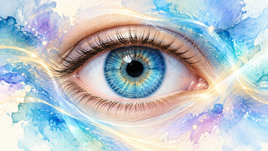 Ilustración artística de un ojo humano azul turquesa en acuarela, sin texto. Imagen generada con IA.