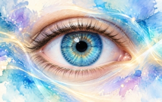 Ilustración artística de un ojo humano azul turquesa en acuarela, sin texto. Imagen generada con IA.