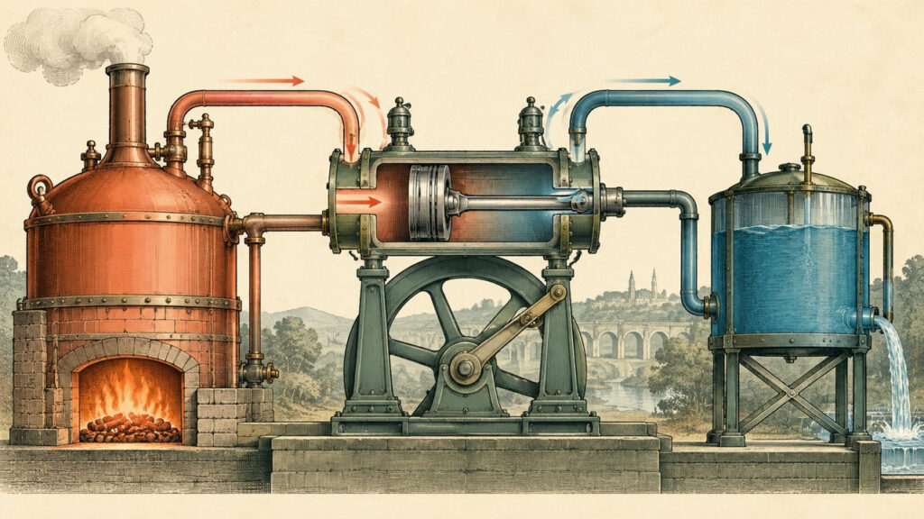 Máquina de vapor estilizada con un lado caliente y otro frío. Ilustración conceptual generada con IA, no un documento histórico.