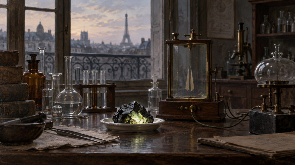 Mesa de laboratorio parisino de finales del siglo XIX con matraces, un electrómetro y un mineral oscuro con un leve brillo. Ilustración conceptual generada con IA, no un documento histórico.