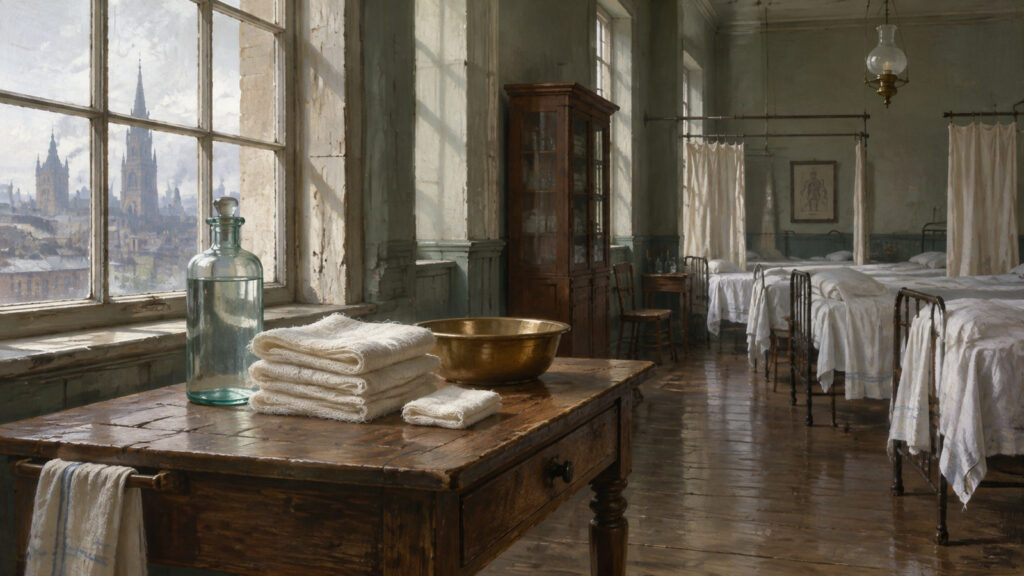 Sala de hospital victoriana con camas de hierro, una mesa de madera con un frasco de vidrio, gasas dobladas y un cuenco de latón junto a una ventana. Ilustración conceptual generada con IA, no un documento histórico.