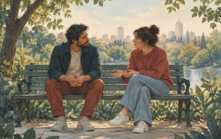 Ilustración de dos personas conversando y escuchándose en un banco de un parque. Imagen generada con IA.