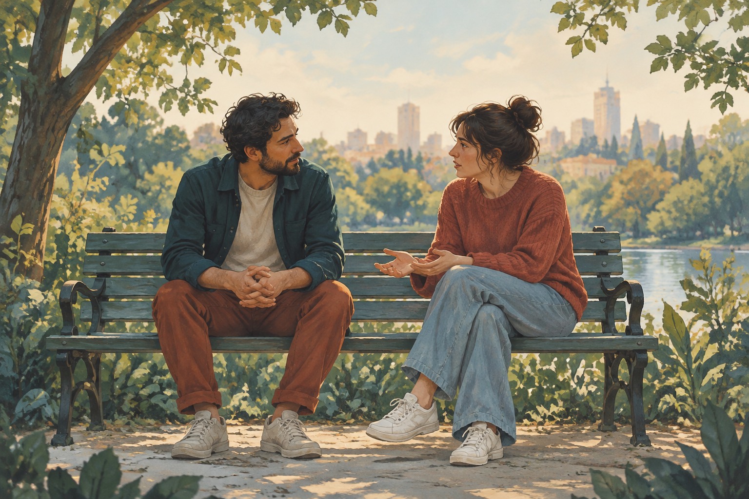 Ilustración de dos personas conversando y escuchándose en un banco de un parque. Imagen generada con IA.
