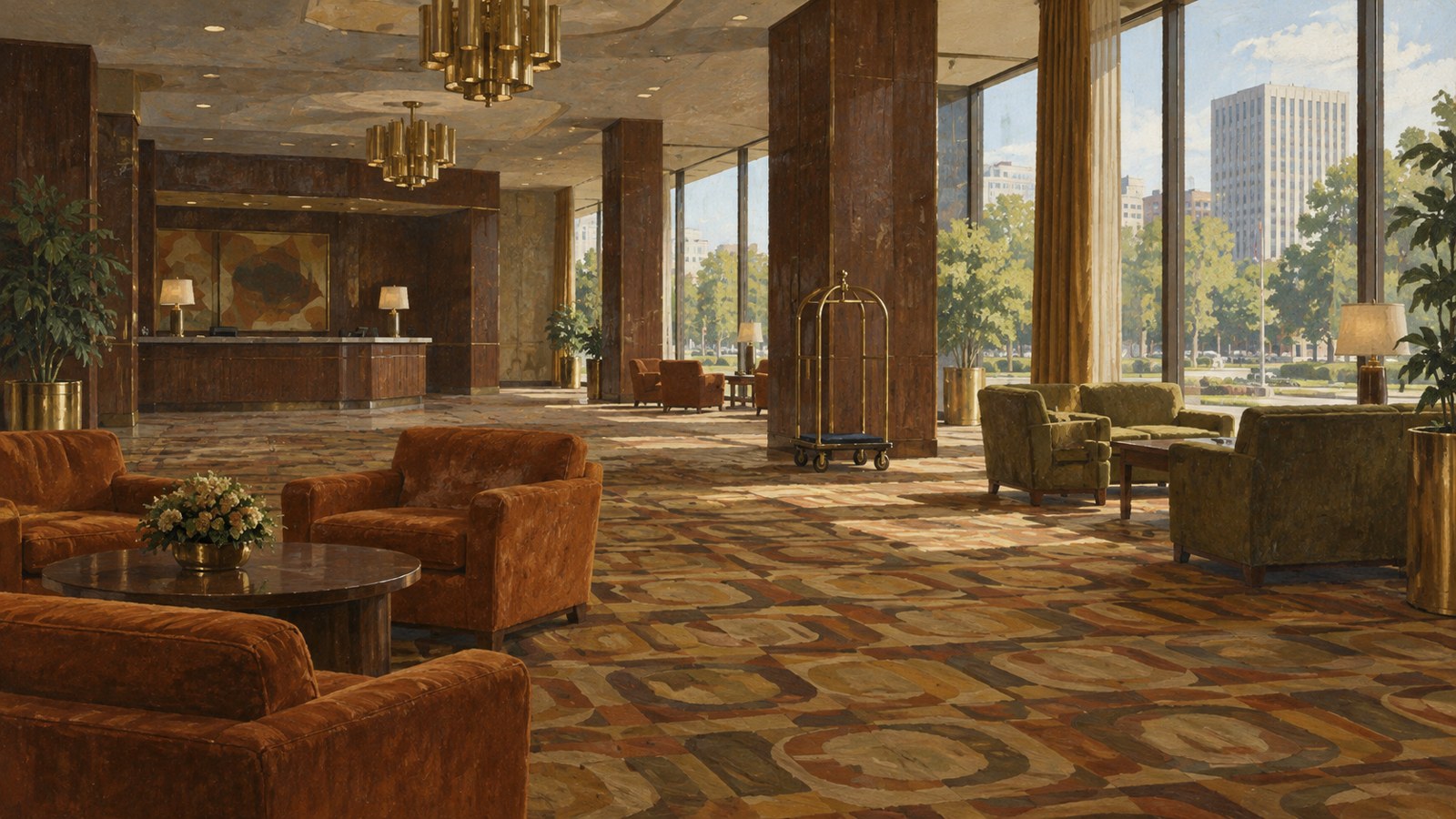 Vestíbulo vacío de un gran hotel estadounidense de los años setenta, con butacas, moqueta estampada y un carrito de equipaje. Ilustración conceptual generada con IA, no un documento histórico.