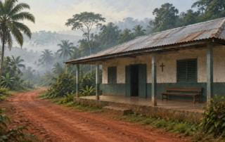 Pequeño dispensario de una misión en la selva tropical de África central, con tejado de chapa, veranda y un camino de tierra roja. Ilustración conceptual generada con IA, no un documento histórico.