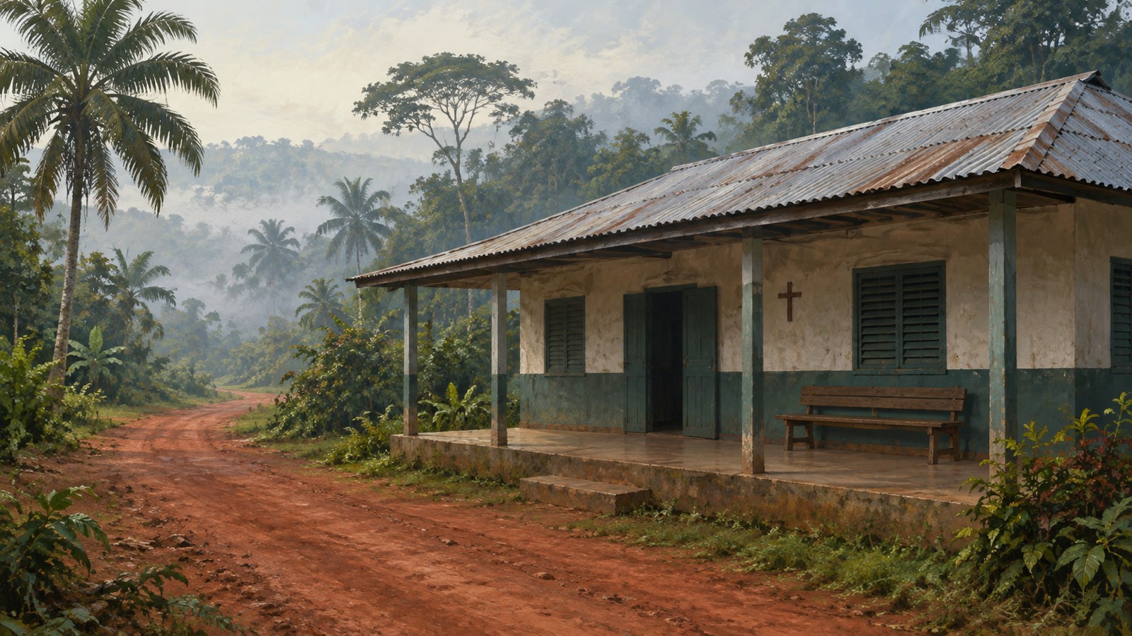 Pequeño dispensario de una misión en la selva tropical de África central, con tejado de chapa, veranda y un camino de tierra roja. Ilustración conceptual generada con IA, no un documento histórico.
