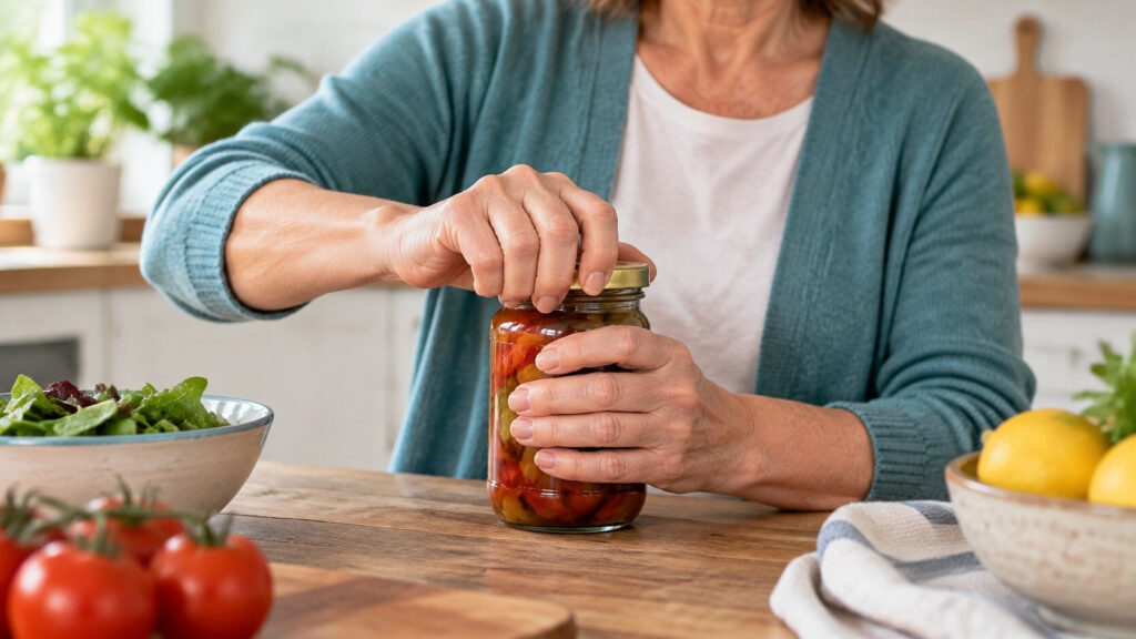Manos de una mujer abriendo un tarro en una cocina. Imagen ilustrativa generada con IA.