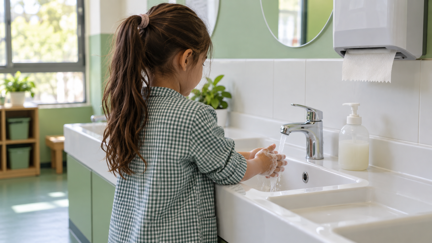 Una niña se lava las manos en un lavabo escolar con jabón disponible