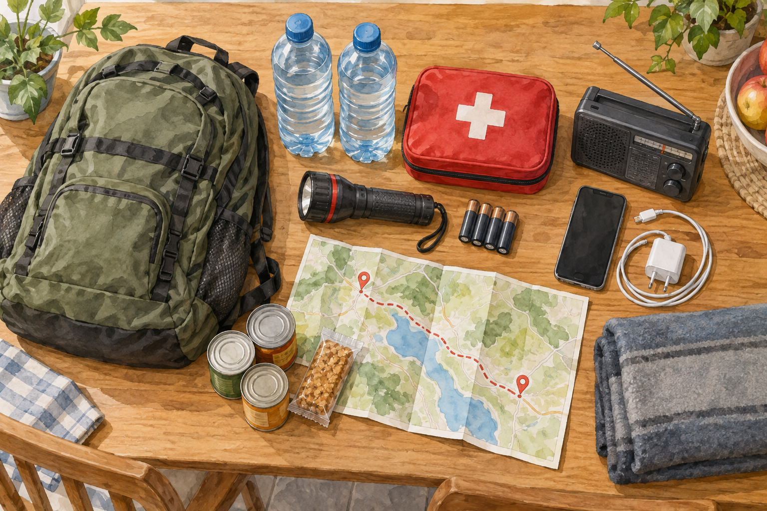 Mesa de cocina con un kit de emergencia: mochila, agua, linterna, radio, botiquín y un mapa con una ruta marcada. Ilustración generada con IA.