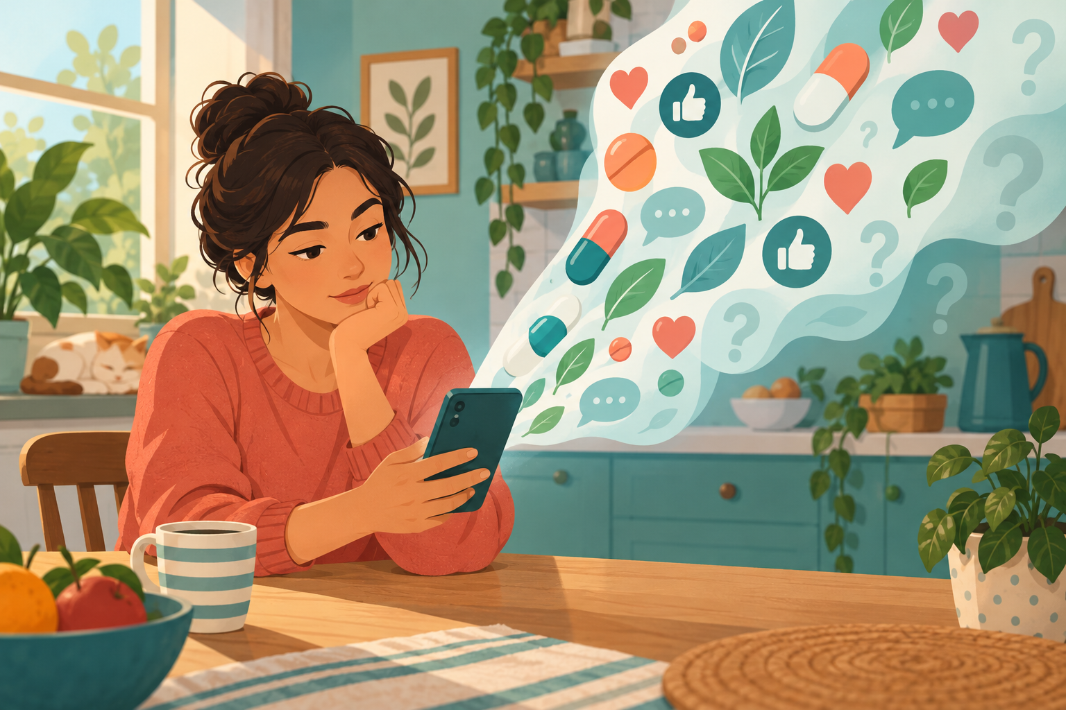 Ilustración: una persona mira su móvil en la cocina mientras de la pantalla sale una cascada de iconos de pastillas, plantas, corazones y bocadillos de comentario