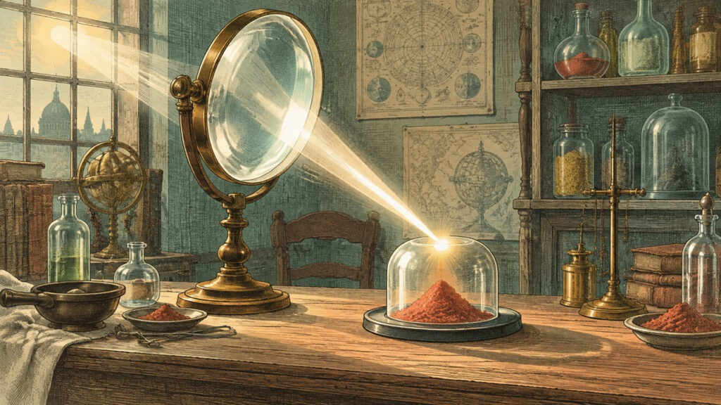 Lente de cristal enfocando luz solar sobre un polvo rojizo en un laboratorio del siglo XVIII. Ilustración conceptual generada con IA, no un documento histórico.