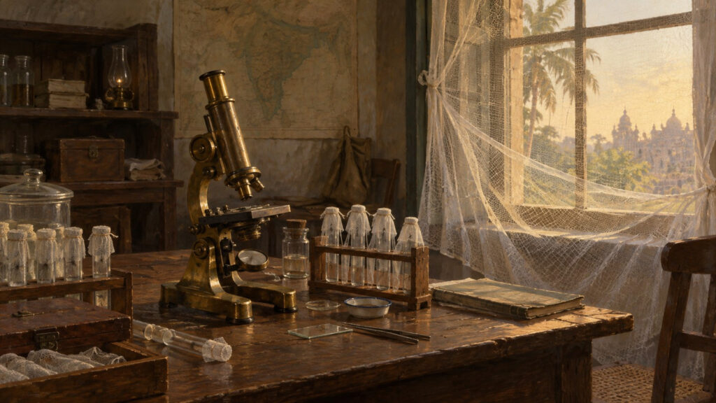 Laboratorio de campaña en la India de finales del siglo XIX con un microscopio de latón, tubos de vidrio cubiertos con gasa y una mosquitera en la ventana. Ilustración conceptual generada con IA, no un documento histórico.