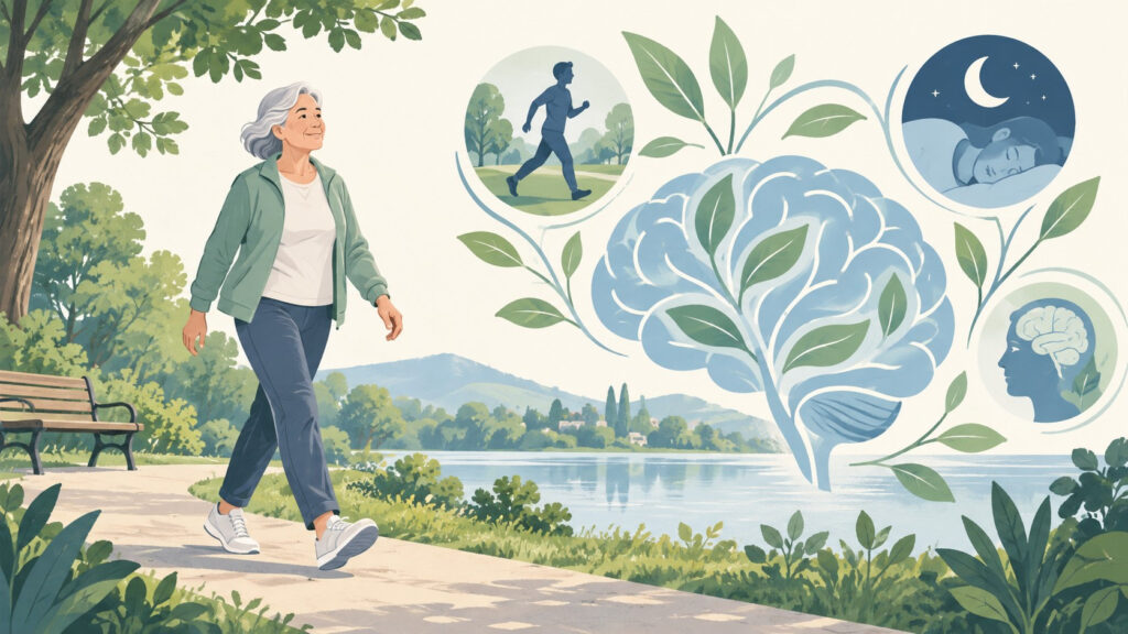 Persona caminando, sueño y cerebro. Ilustración conceptual generada con IA, no imagen del estudio.