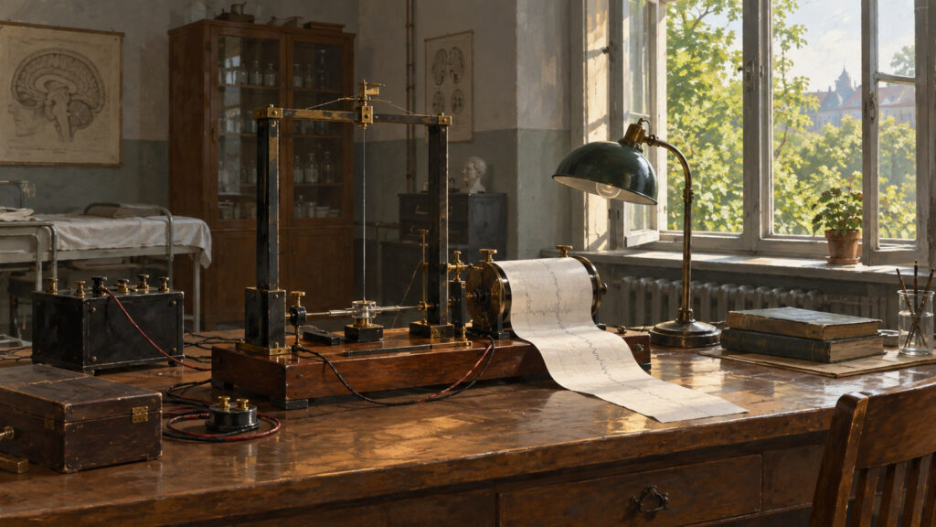 Laboratorio de una clínica universitaria alemana de los años veinte con un galvanómetro de cuerda, cables y una tira de papel de registro junto a una ventana abierta. Ilustración conceptual generada con IA, no un documento histórico.