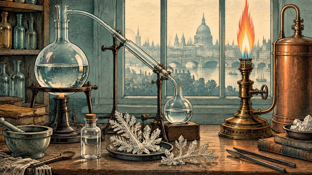 Laboratorio londinense del siglo XIX con matraces de destilación, cristales y una lámpara de gas. Ilustración conceptual generada con IA, no un documento histórico.