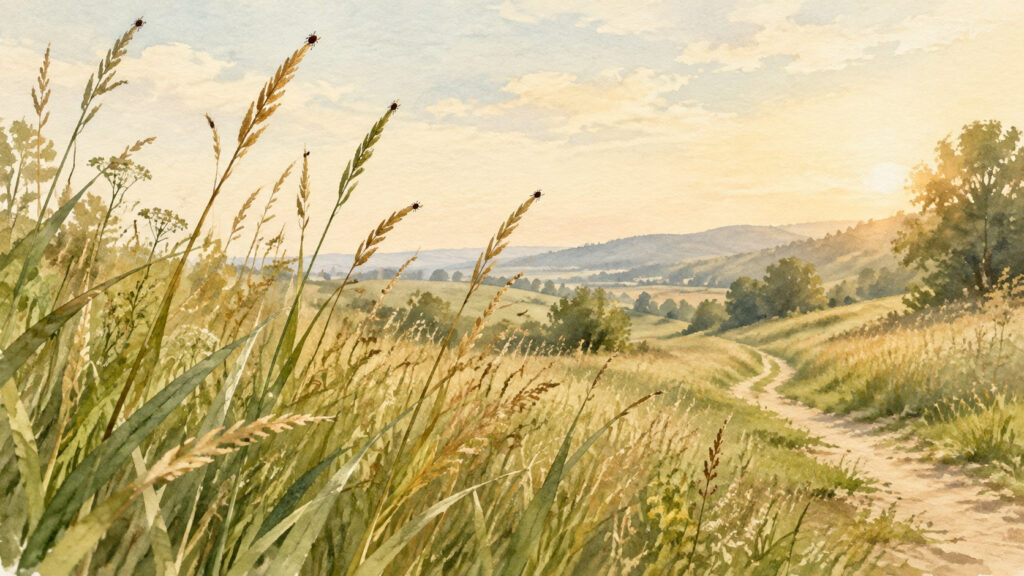 Ilustración generada con IA de vegetación y calzado de campo, alusiva a prevenir picaduras de garrapatas.