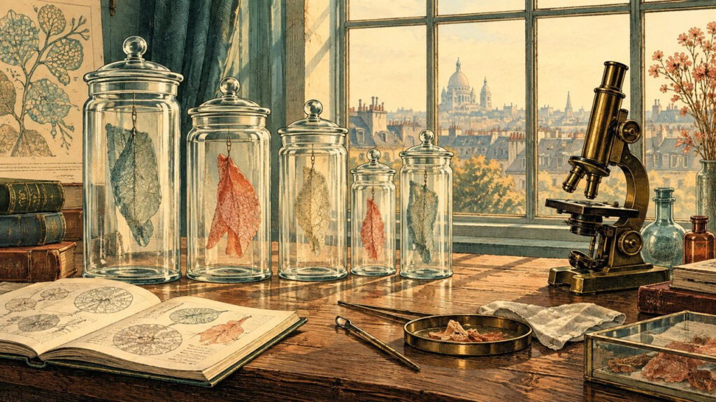 Laboratorio parisino del siglo XIX con frascos de vidrio, un microscopio y luz de ventana. Ilustración conceptual generada con IA, no un documento histórico.