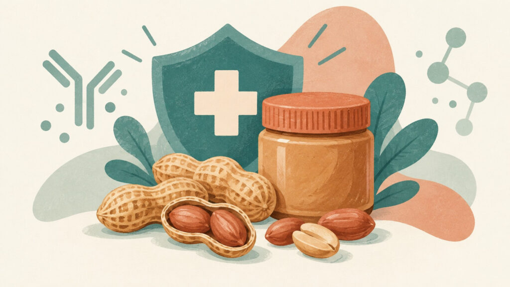 Cacahuetes y tarro junto a un símbolo de atención sanitaria. Ilustración conceptual generada con IA, no imagen del ensayo.
