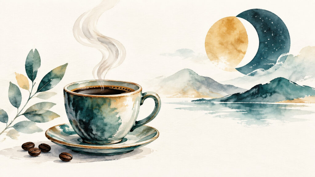 Ilustración generada con IA de una taza de café y una luna, alusiva a la cafeína y el sueño.