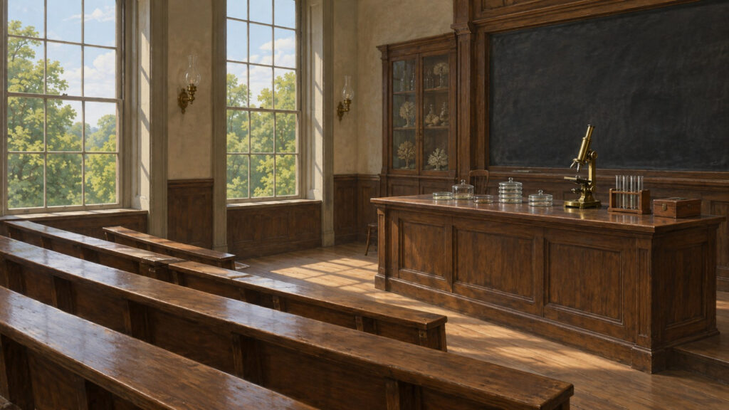 Aula universitaria del siglo XIX con bancos de madera, un atril con placas de cultivo de vidrio y un microscopio de latón, junto a ventanas con árboles. Ilustración conceptual generada con IA, no un documento histórico.