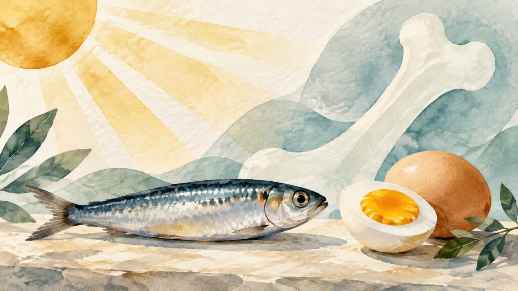 Ilustración generada con IA de sol, pescado y huevo, alusiva a la vitamina D.