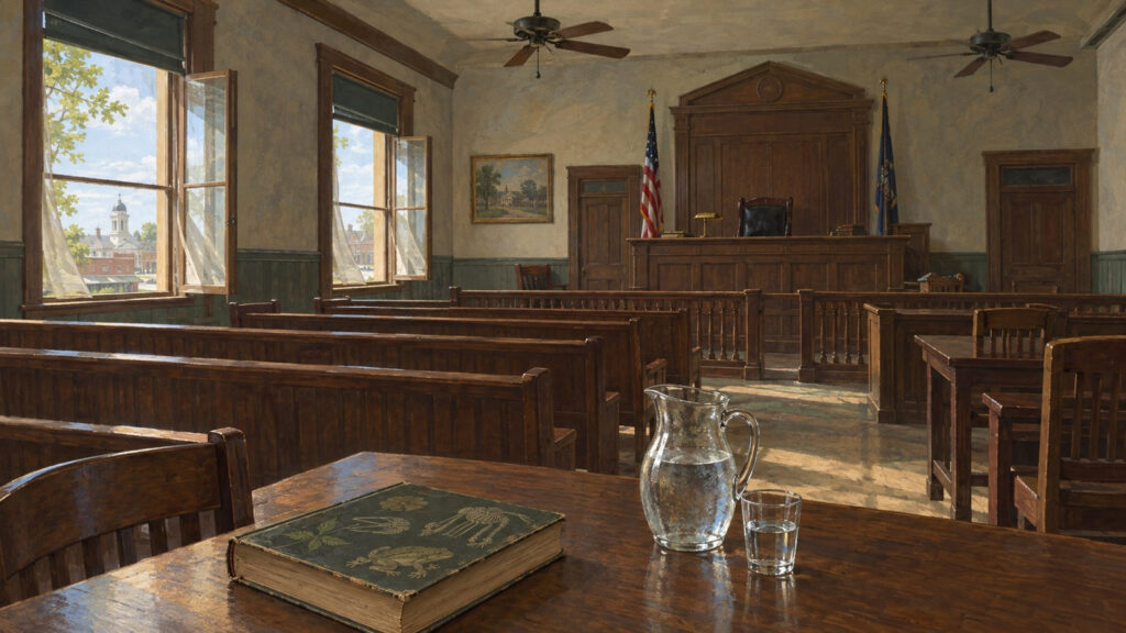 Sala de un juzgado de condado estadounidense de 1925 con bancos de madera, ventiladores de techo, un libro de biología antiguo y una jarra de agua sobre una mesa. Ilustración conceptual generada con IA, no un documento histórico.